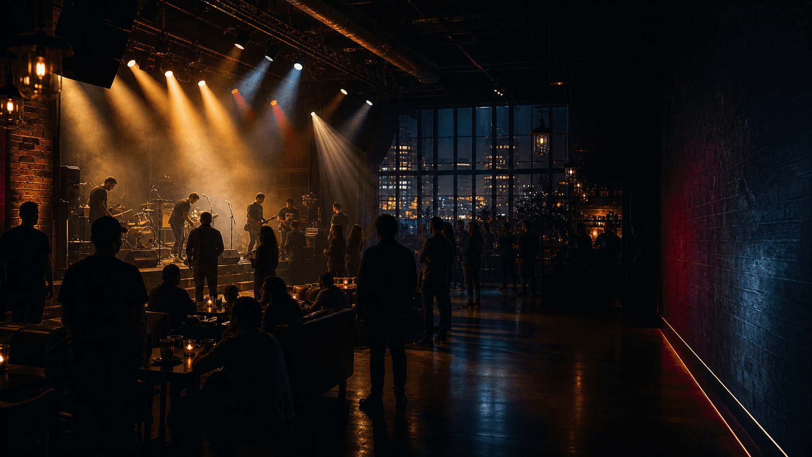 Warm local music room with a band performing for a small venue audience