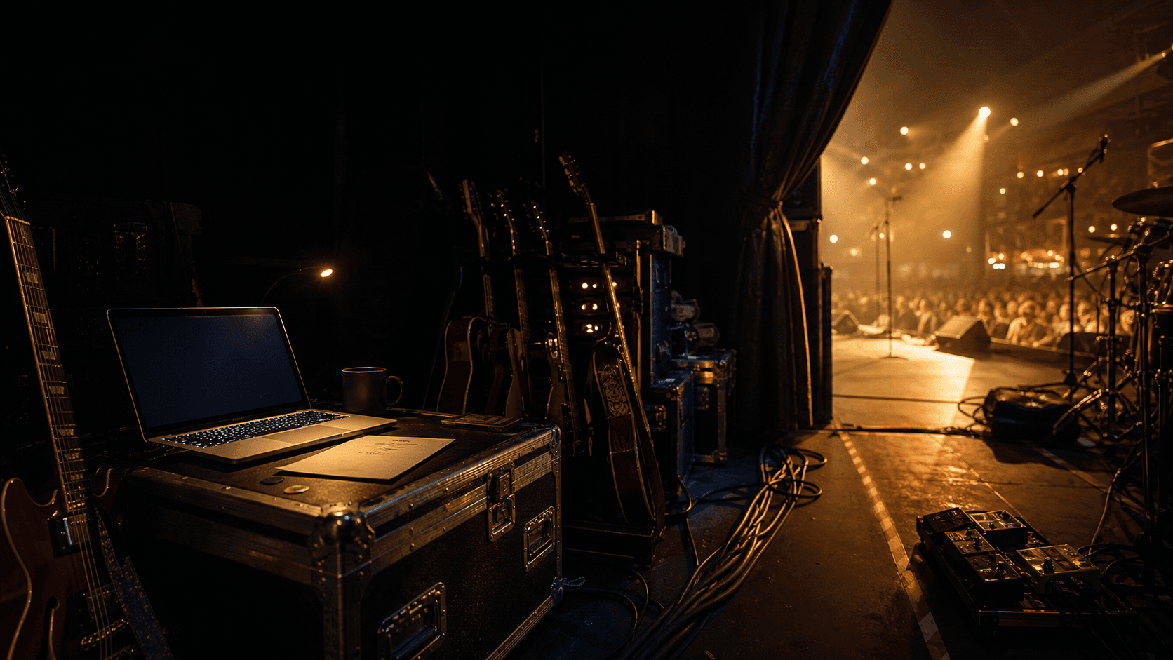 Backstage guitars, laptop, and stage lights for a working musician command center